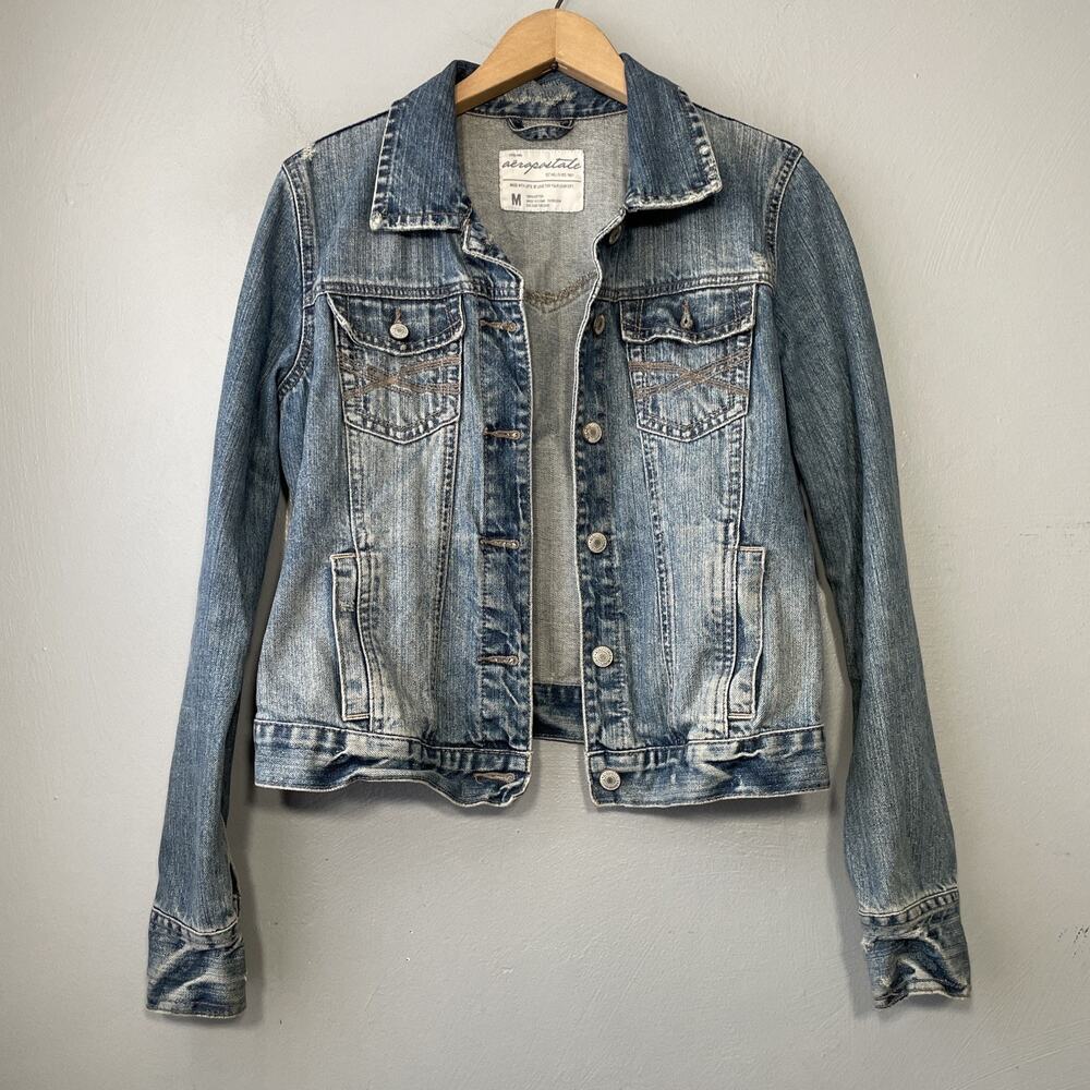Aeropostale Distressed Denim Jacket Size Medium Blue Jean Coat Trucker Cropped